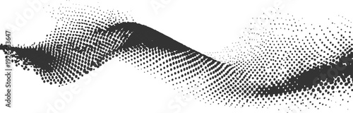 Abstract black and white halftone wave design. Abstract graphic with a wavy pattern composed of varying sized dots against a white background. 
