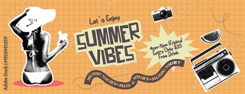 Retro vintage pop art comic style halftone collage summer holiday vacation music party banner for summer beach party, paper cutout sticker template with  bikini swimsuit girl illustration and radio