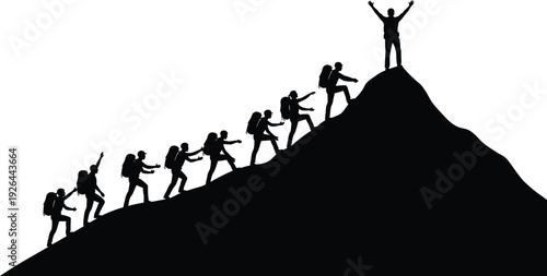 Hikers climbing mountain silhouette, teamwork success and leadership concept outdoor adventure vector illustration
