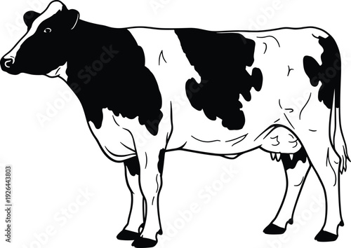 Holstein dairy cow illustration, black and white farm cattle side view vector livestock drawing