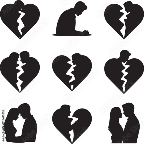 black silhouettes of couples and broken hearts