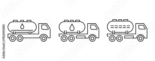 Tanker Trucks Line Art Vector, Collection of Industrial Vehicles with Liquid Drop Symbols on Tank