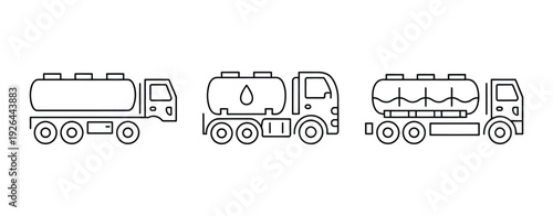 Tanker Trucks Line Art Vector, Collection of Industrial Vehicles with Liquid Drop Symbols on Tank