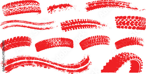 Collection red tire tracks marks isolated on a white background. Clean tire print with overlay and transparent look. Great for car, vector, seamless, tire, track designs.