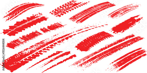 Collection red tire tracks marks isolated on a white background. Clean tire print with overlay and transparent look. Great for car, vector, seamless, tire, track designs.