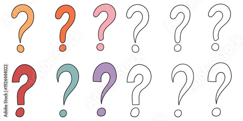 Hand-drawn cartoon and doodle set of question marks on a white background.
