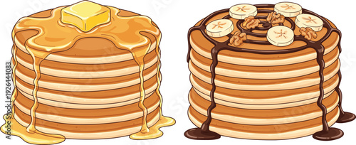 Fluffy Breakfast Pancake Stack Vector Set with Melting Butter Maple Syrup Chocolate Drizzle Banana Slices and Walnuts for Brunch Menus and Food Illustration