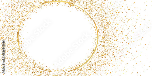Golden glitter forms a ring around an empty white circle, isolated on white background. White circle framed by swirling golden glitter, creating a sparkling, celebratory effect.