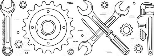 Mechanical tools and gears line art illustration, wrench screwdriver pipe wrench vector icons isolated on light background