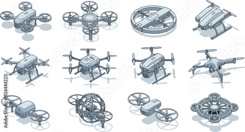 Isometric Drone and UAV Vector Set with Quadcopters Multirotor Aircraft and Surveillance Delivery Robots for Technology Infographics and Modern Logistics Illustrations