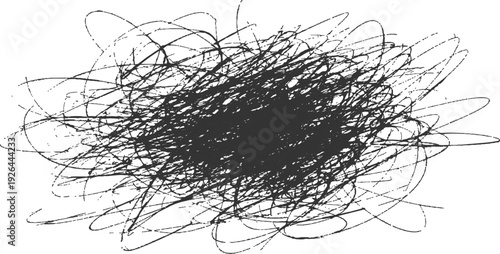 A chaotic tangle of dark lines swirling in a circular pattern against a black and white background. Hand-drawn scribble line white background.