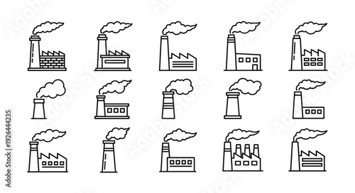 Collection of industrial factory icons with smoke emissions in a line art style.