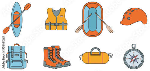 Outdoor Adventure Gear Collection for Kayaking and Hiking, Life Vest, Helmet, Backpack, Shoes, Compass, Oars, Raft, Camping Equipment Vector