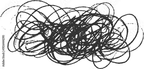 A chaotic tangle of dark lines swirling in a circular pattern against a black and white background. Hand-drawn scribble line white background.