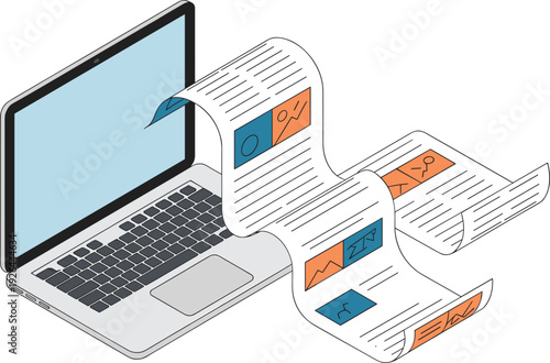 Digital news content streaming from laptop, online newspaper article and media information concept illustration