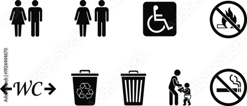 Public restroom and safety signage icons set, accessibility recycling no smoking and hygiene vector symbols