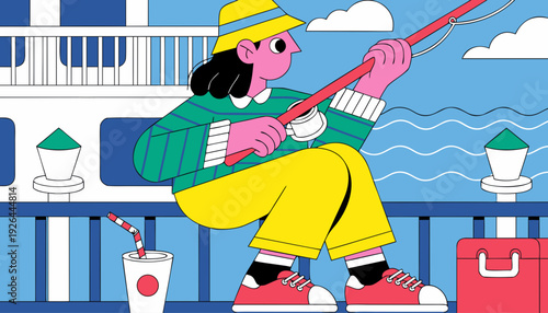 A young person fishing. A casual, simple illustration of an enthusiastic young person. Cruising. Hobbies. Outdoors.