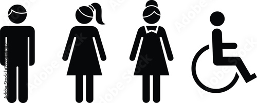 Restroom and accessibility icon set, male female and wheelchair symbols black silhouette vector signage illustrationRestroom and accessibility icon set, male 