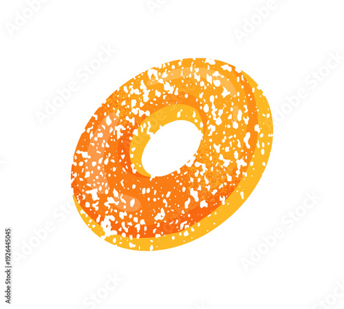 Jelly candy with round shape. Gummy ring sprinkled with powdered sugar. Fruit marmalade with circle form. Soft bonbon, gelatin dessert. Flat isolated vector illustration on white background