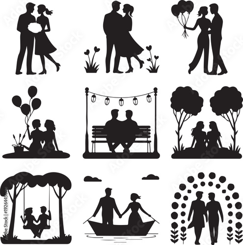 black silhouettes of couples in love  romantic relationships and affection