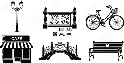 Vintage city elements silhouette set, street lamp bicycle cafe bench and decorative bridge black and white vector illustration