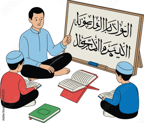 Islamic teacher teaching Quran to children, Arabic calligraphy lesson in traditional madrasa education setting