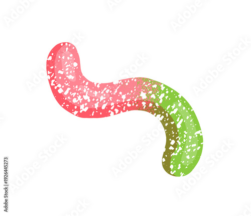 Colourful jelly worm. Gummy candy with sour flavor and sprinkled with powdered sugar. Fruit marmalade. Soft gelatin sweet. Chewing confectionery. Flat isolated vector illustration on white background