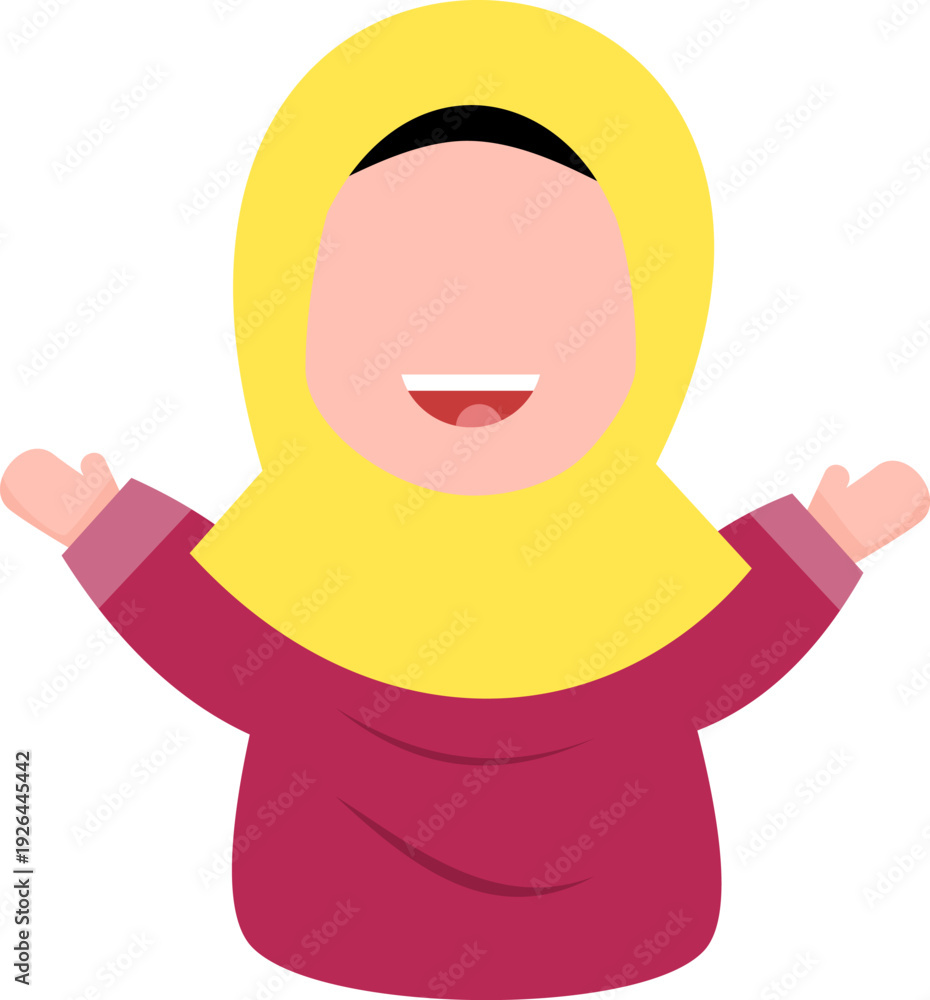 Obraz premium Cheerful young girl wearing a bright yellow hijab and magenta clothing expressing excitement with open arms