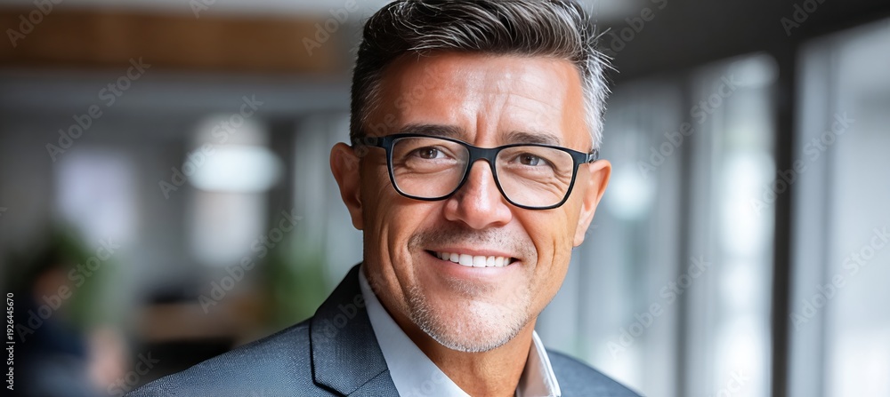 Fototapeta premium Confident and Optimistic Business Leader Smiling in Modern Office, Representing Success and Growth