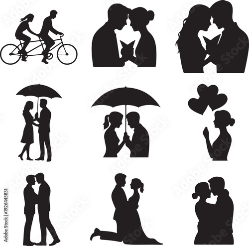 black silhouettes of couples in love  romantic relationships and affection