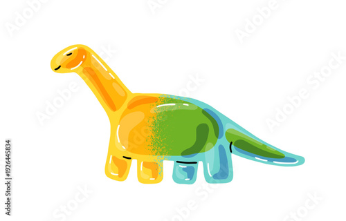 Gummy dino icon. Jelly candy with shape of cute dinosaur. Sweet gelatin treat for kids. Colourful marmalade with fruit flavour. Chewing confectionery. Flat isolated vector illustration on white