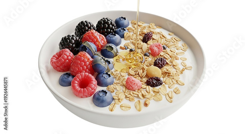 A high angle view of yogurt bowl topped with granola and mixed berries