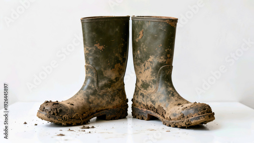 ​A pair of muddy olive green rubber boots standing on a white background.