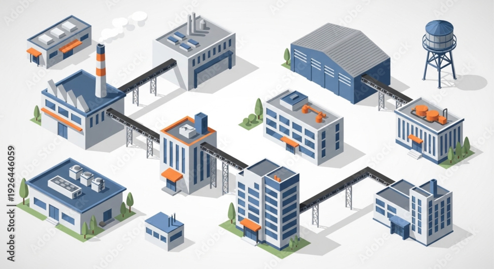 Obraz premium Isometric industrial complex illustration showcasing various buildings and structures with interconnected systems.
