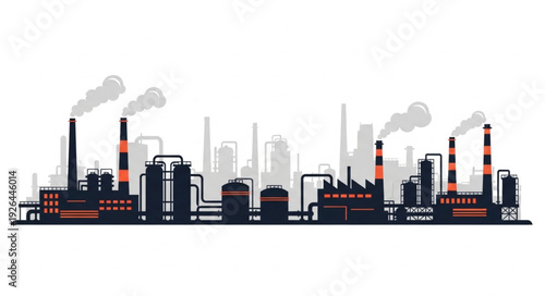 Industrial complex silhouette with smoke stacks and factories against a white background.
