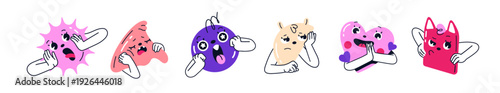 Different emoticons set. Shocked, bored, surprised, sad, happy and angry abstract characters. Cute geometric shapes with various emotions. Flat isolated vector illustrations on white background