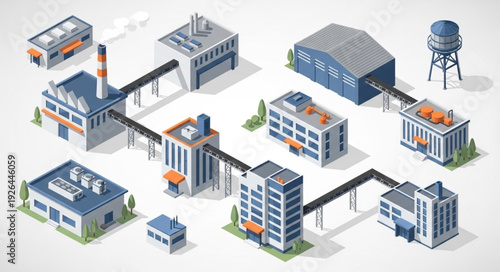 Isometric industrial complex illustration showcasing various buildings and structures with interconnected systems.