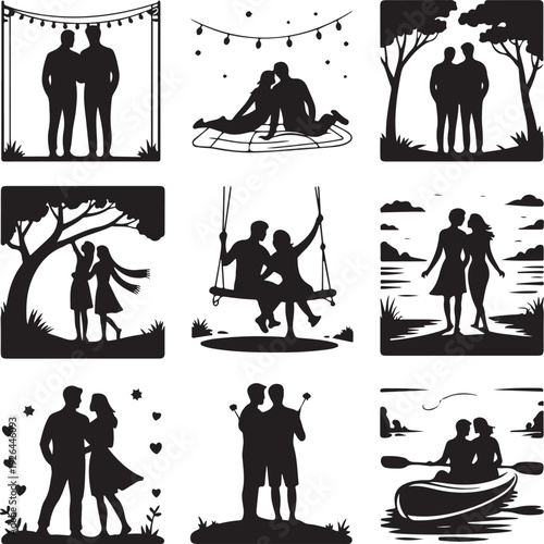 black silhouettes of couples in love in various romantic situations and outdoor settings