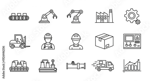 Industrial manufacturing and production line icons representing various aspects of the industry.