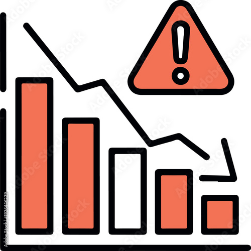 A declining trend graph with a warning sign indicating a significant downward trajectory