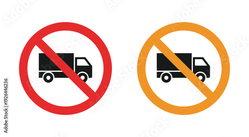 No Trucks Allowed Prohibition Signs, Red and Yellow Vector Illustrations Depicting Vehicle Restrictions for Traffic Safety and Road Regulations.