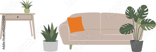 Modern living room interior illustration, cozy sofa with houseplants and minimalist home decor