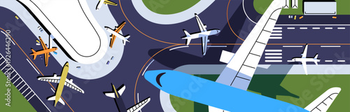 International airport with aircrafts on runways top view. Airplane if flying above terminal. Banner with flight of plane. Aeroplanes taking off and landing on airstrips. Flat vector illustration