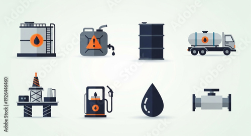Oil and petroleum industry icons representing various aspects of the business.