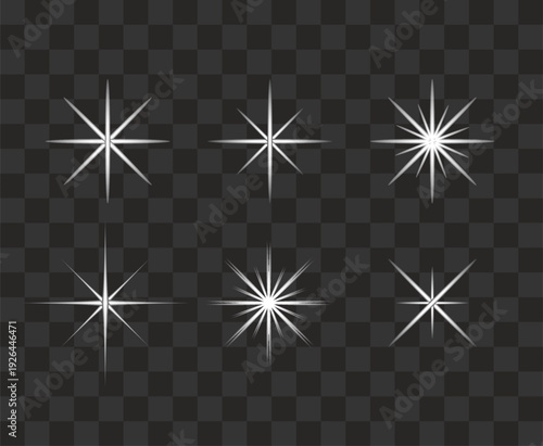 A collection of six white starburst light effects with sharp points on dark checkered background