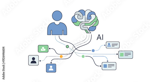 A visual representation of human-AI interaction and data processing, showing inputs and outputs between a person, an artificial intelligence system, and various data points.