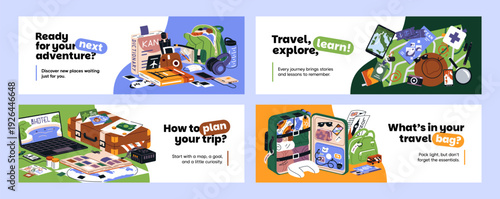 Advertising of travel agency banner design set. Tourism services promotion with suitcases for journeys on templates. Layouts with baggage and luggage for tour to sea resort. Flat vector illustrations