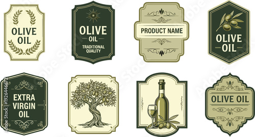 Vintage Olive Oil Label Vector Set with Hand-Drawn Olive Trees Branches and Bottles for Gourmet Food Packaging Artisanal Branding and Extra Virgin Product Identity Designs