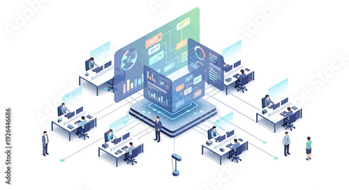 Isometric illustration of a business team working in an office, connected to a central data server with dashboards and analytics, representing a networked enterprise.