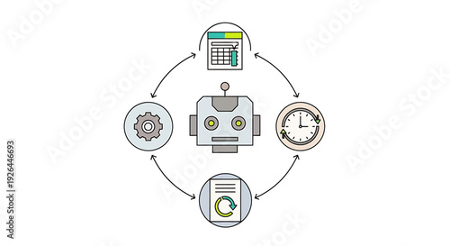 Robot at the center of a circular process flow with icons for planning, time, reporting, and operations, representing automation and efficiency.
